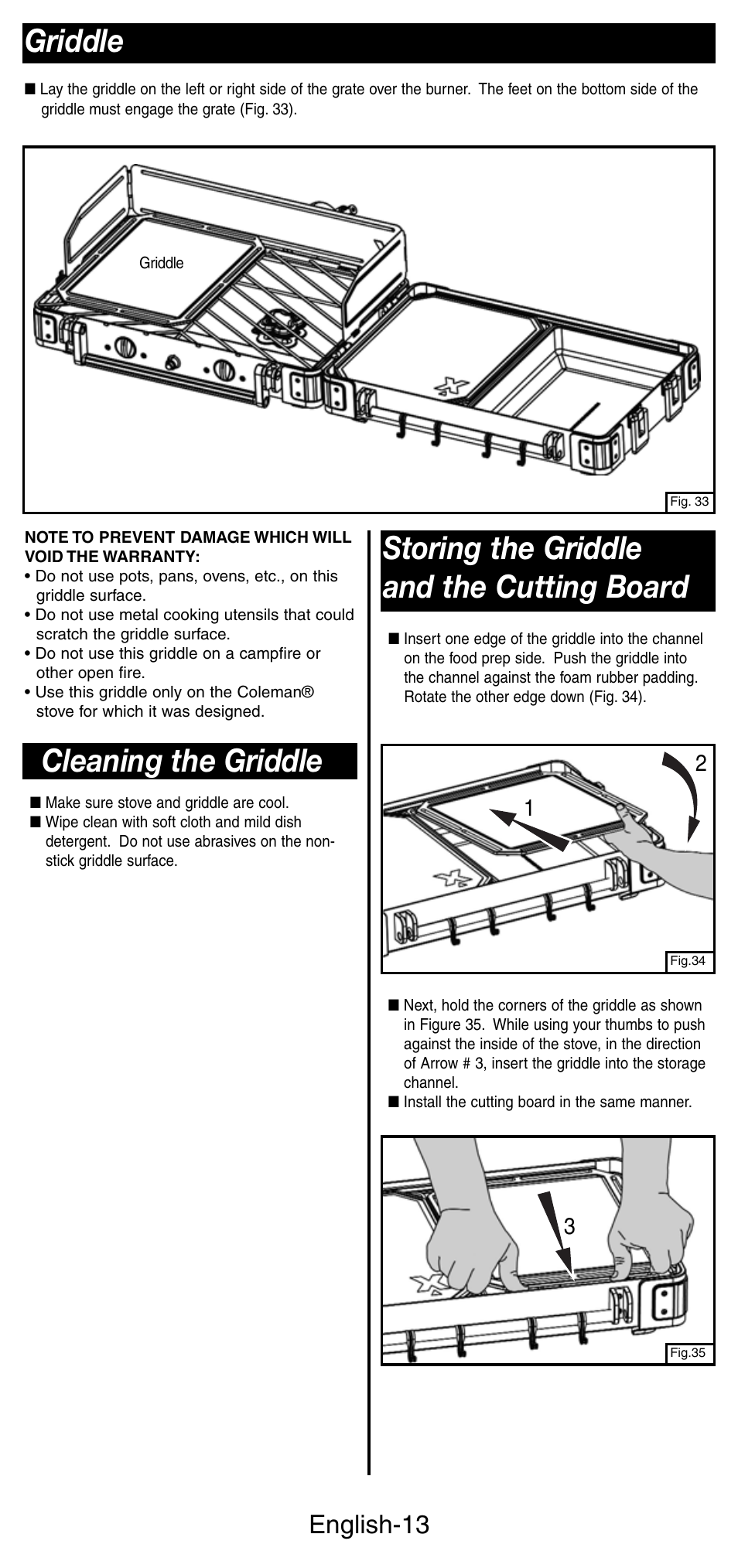 Griddle, Storing the griddle and the cutting board, Cleaning the griddle | English-13 | Coleman 9422 Series User Manual | Page 14 / 16