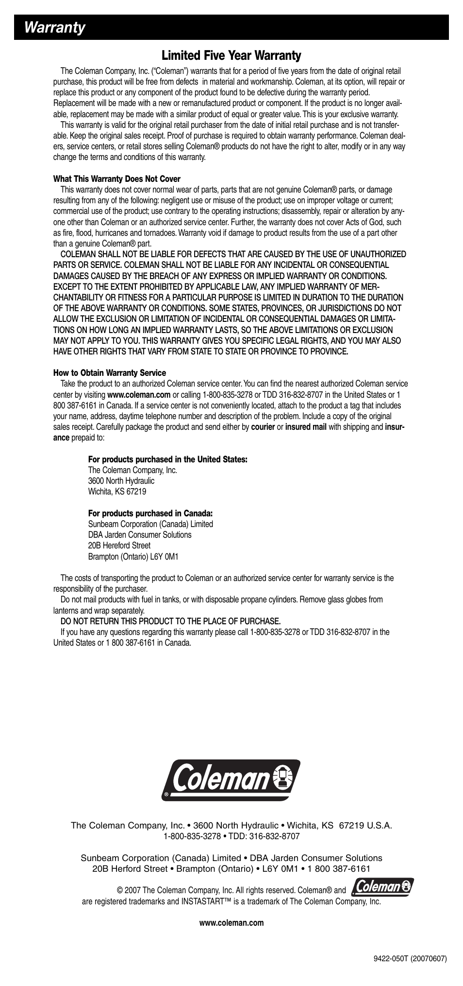 Warranty, Limited five year warranty | Coleman 9422 Series User Manual | Page 16 / 16