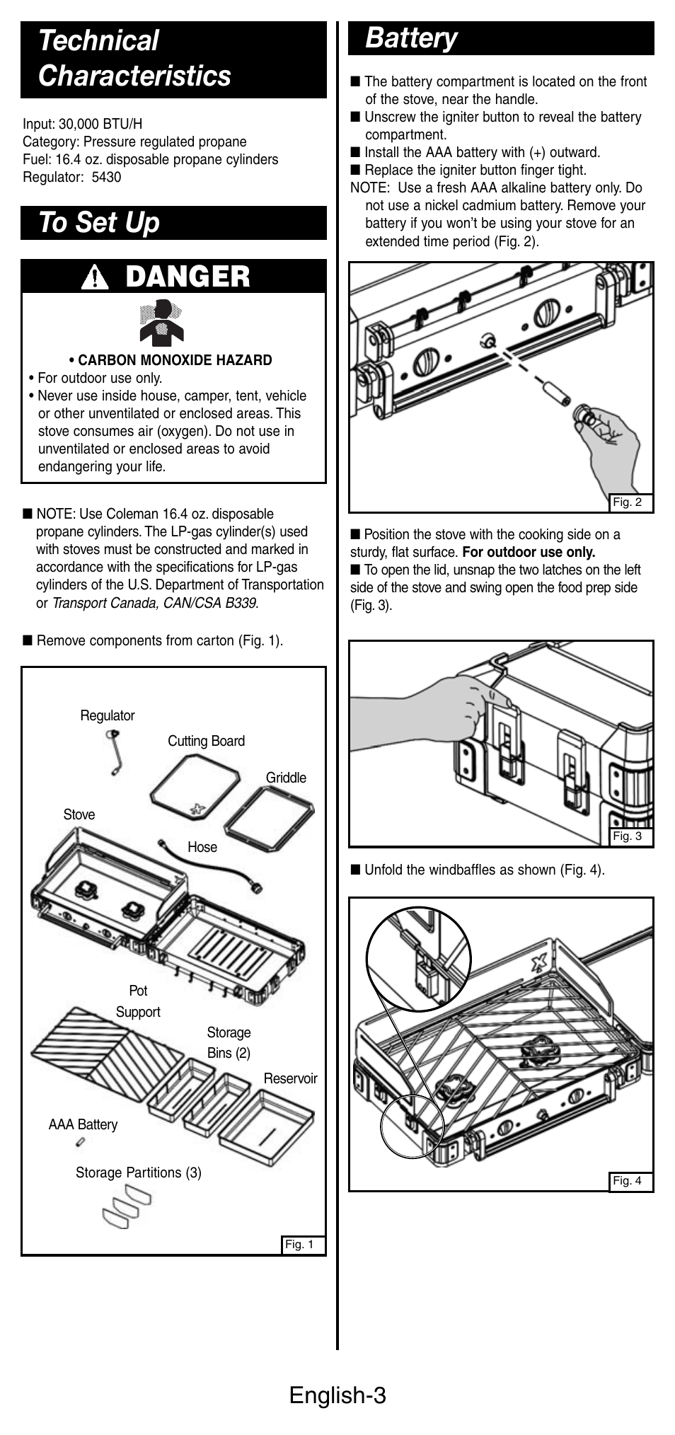 Danger, Battery, English-3 | Coleman 9422 Series User Manual | Page 4 / 16