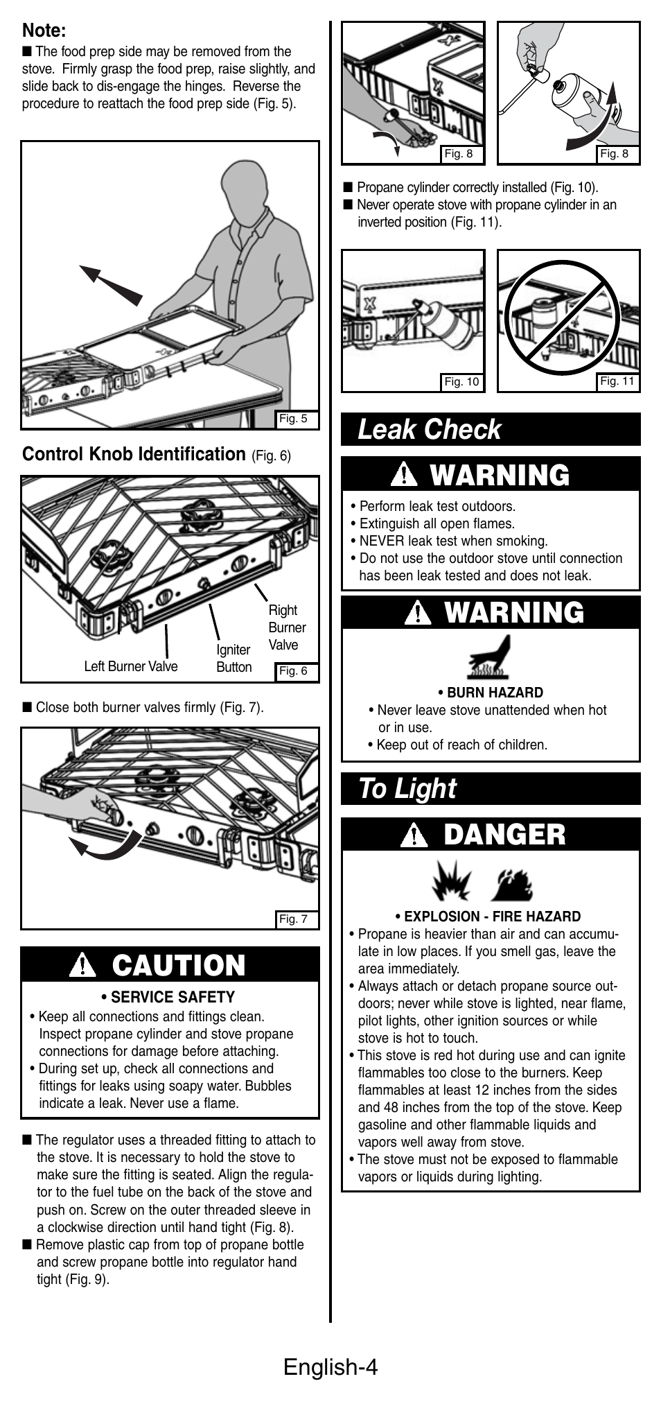 Warning, Leak check warning, Caution | English-4, Control knob identification | Coleman 9422 Series User Manual | Page 5 / 16
