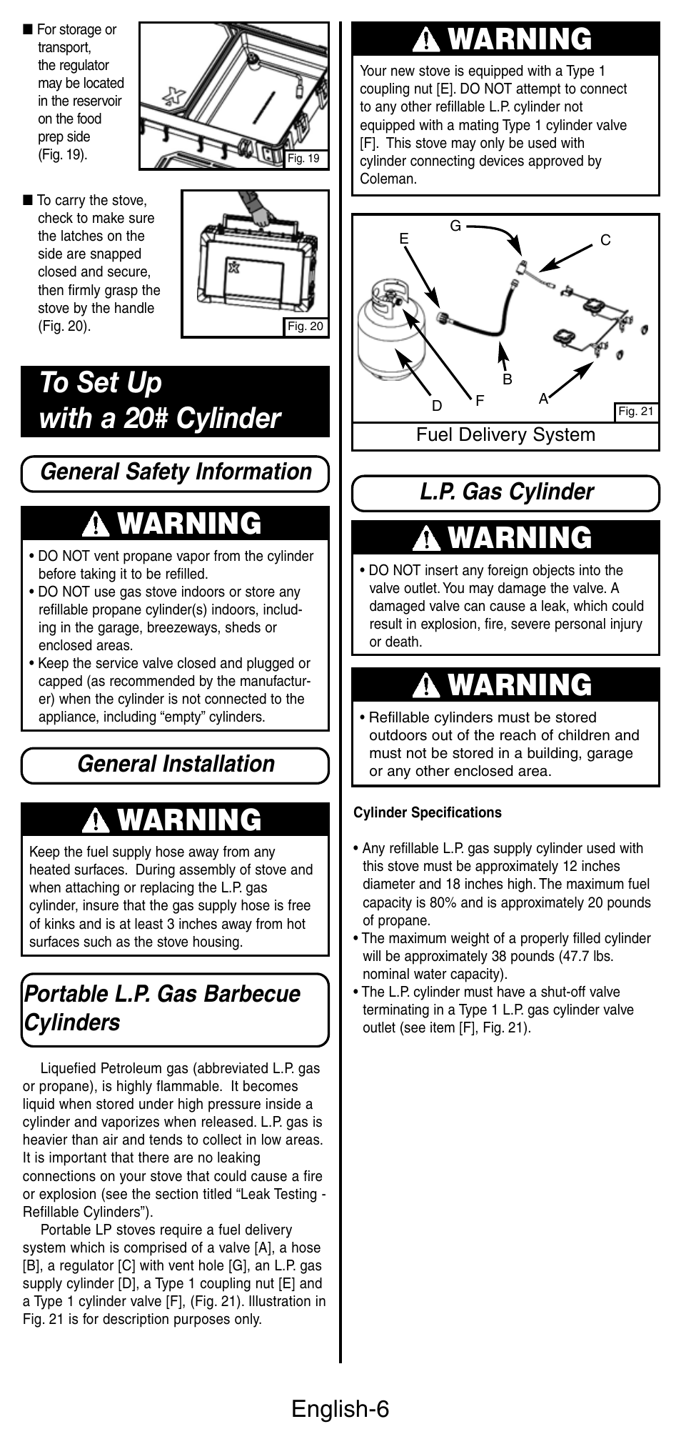 Warning, English-6, General safety information | General installation, Portable l.p. gas barbecue cylinders, L.p. gas cylinder | Coleman 9422 Series User Manual | Page 7 / 16