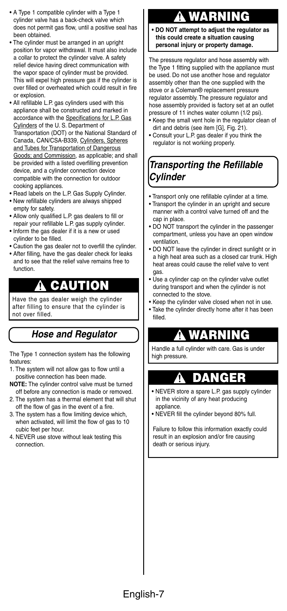 Caution, Warning, Danger | English-7, Hose and regulator, Transporting the refillable cylinder | Coleman 9422 Series User Manual | Page 8 / 16