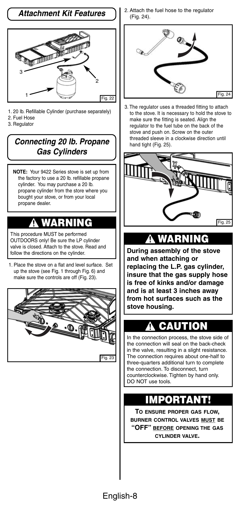 Warning, Important, Caution | English-8, Attachment kit features, Connecting 20 lb. propane gas cylinders | Coleman 9422 Series User Manual | Page 9 / 16