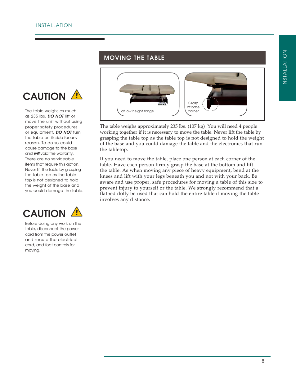 Caution, Moving the table | Oakworks PerformaLift Series User Manual | Page 11 / 28