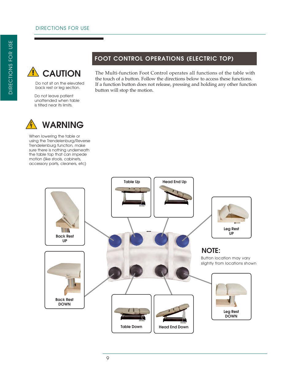 Caution, Warning, Foot control operations (electric top) | Oakworks PerformaLift Series User Manual | Page 12 / 28