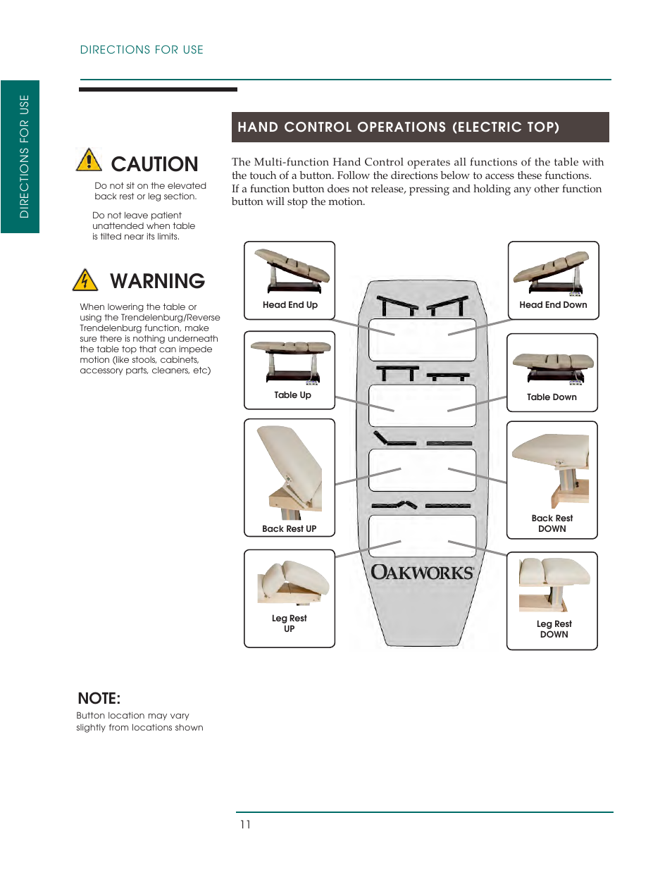 Caution, Warning, Hand control operations (electric top) | Oakworks PerformaLift Series User Manual | Page 14 / 28