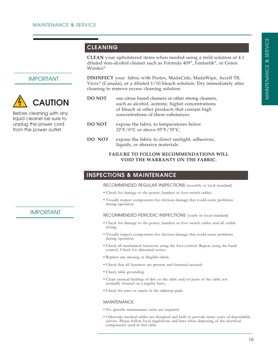 Caution, Important inspections & maintenance, Important cleaning | Oakworks PerformaLift Series User Manual | Page 19 / 28