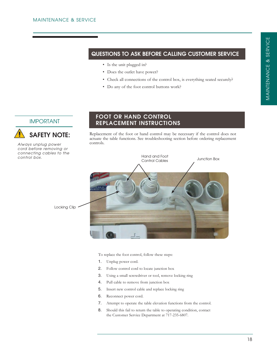 Questions to ask before calling customer service, Foot or hand control replacement instructions, Important | Oakworks PerformaLift Series User Manual | Page 21 / 28
