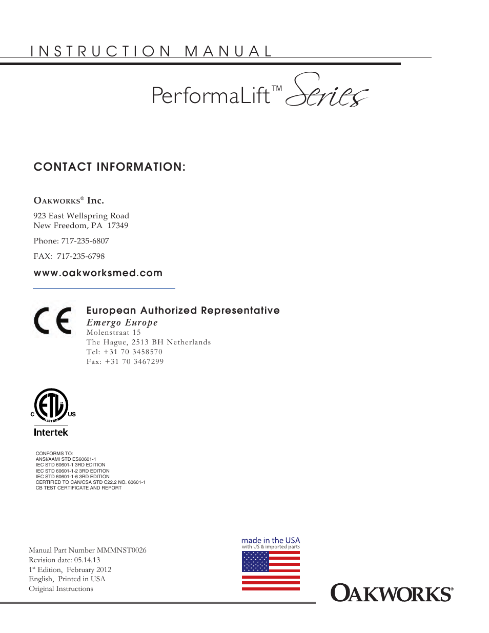 Series, Performalift, Contact information | Oakworks PerformaLift Series User Manual | Page 28 / 28