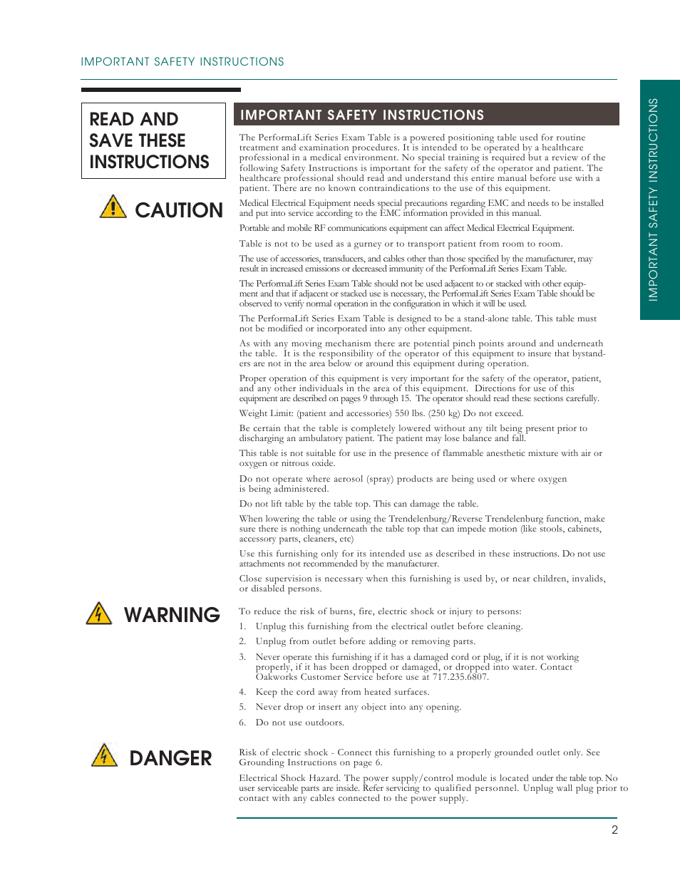 Caution, Warning danger, Read and save these instructions | Oakworks PerformaLift Series User Manual | Page 5 / 28