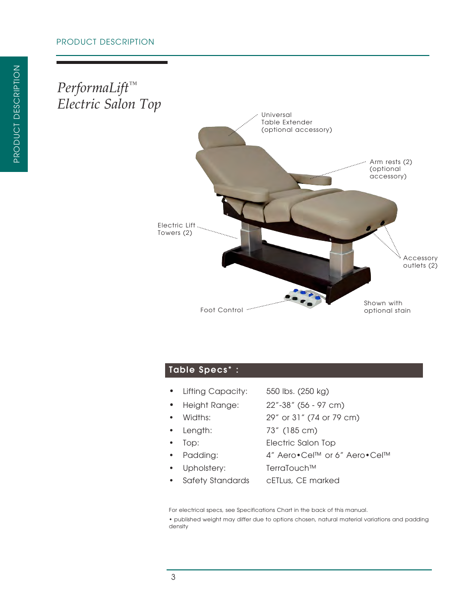 Performalift, Electric salon top | Oakworks PerformaLift Series User Manual | Page 6 / 28
