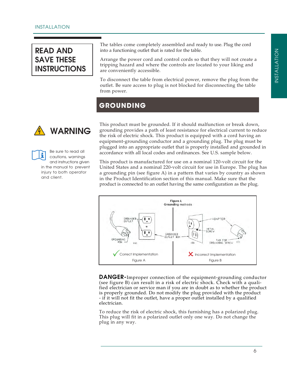 Warning, Read and save these instructions, Grounding | Oakworks PerformaLift Series User Manual | Page 9 / 28