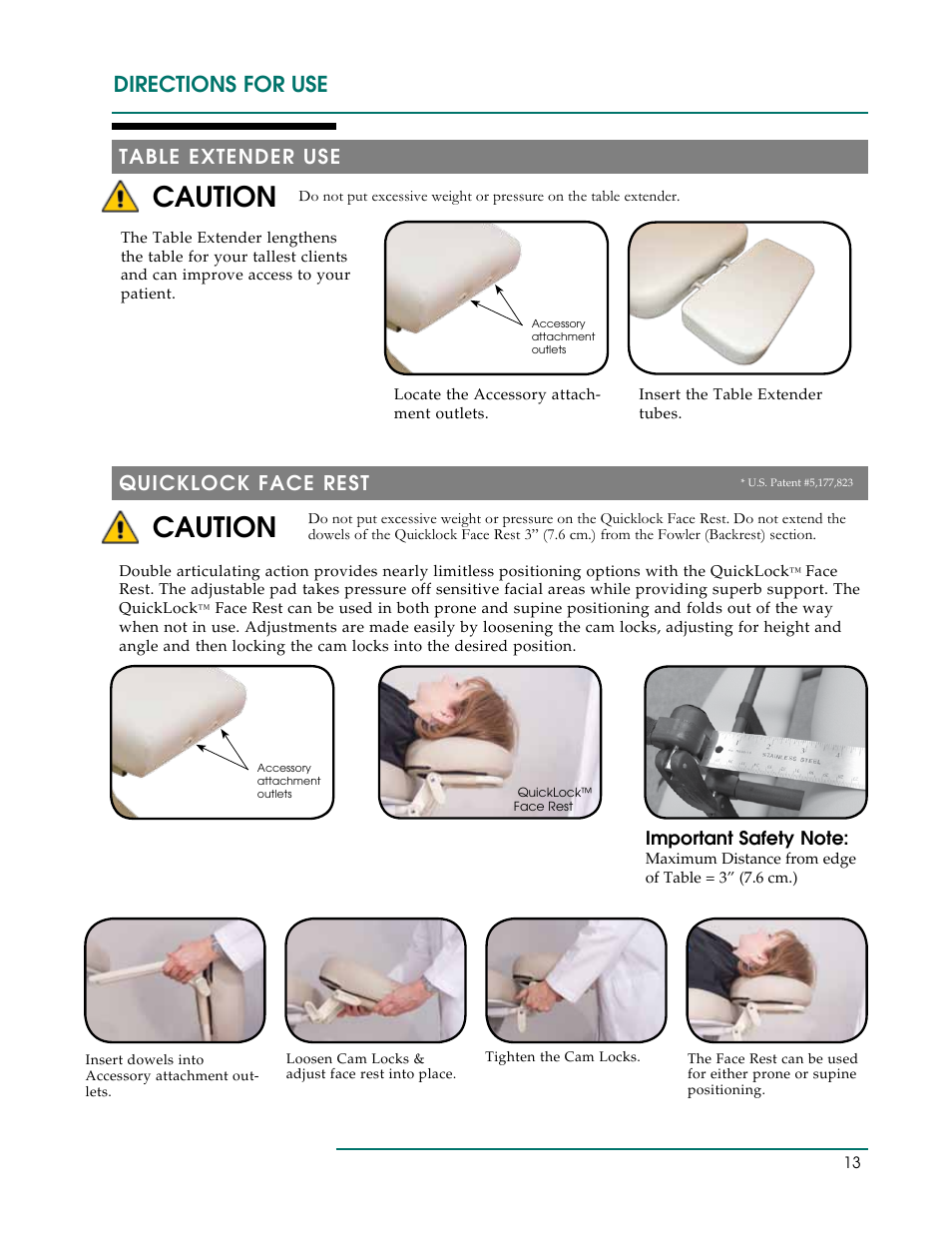 Caution, Directions for use, Table extender use | Quicklock face rest | Oakworks PF250 User Manual | Page 16 / 24