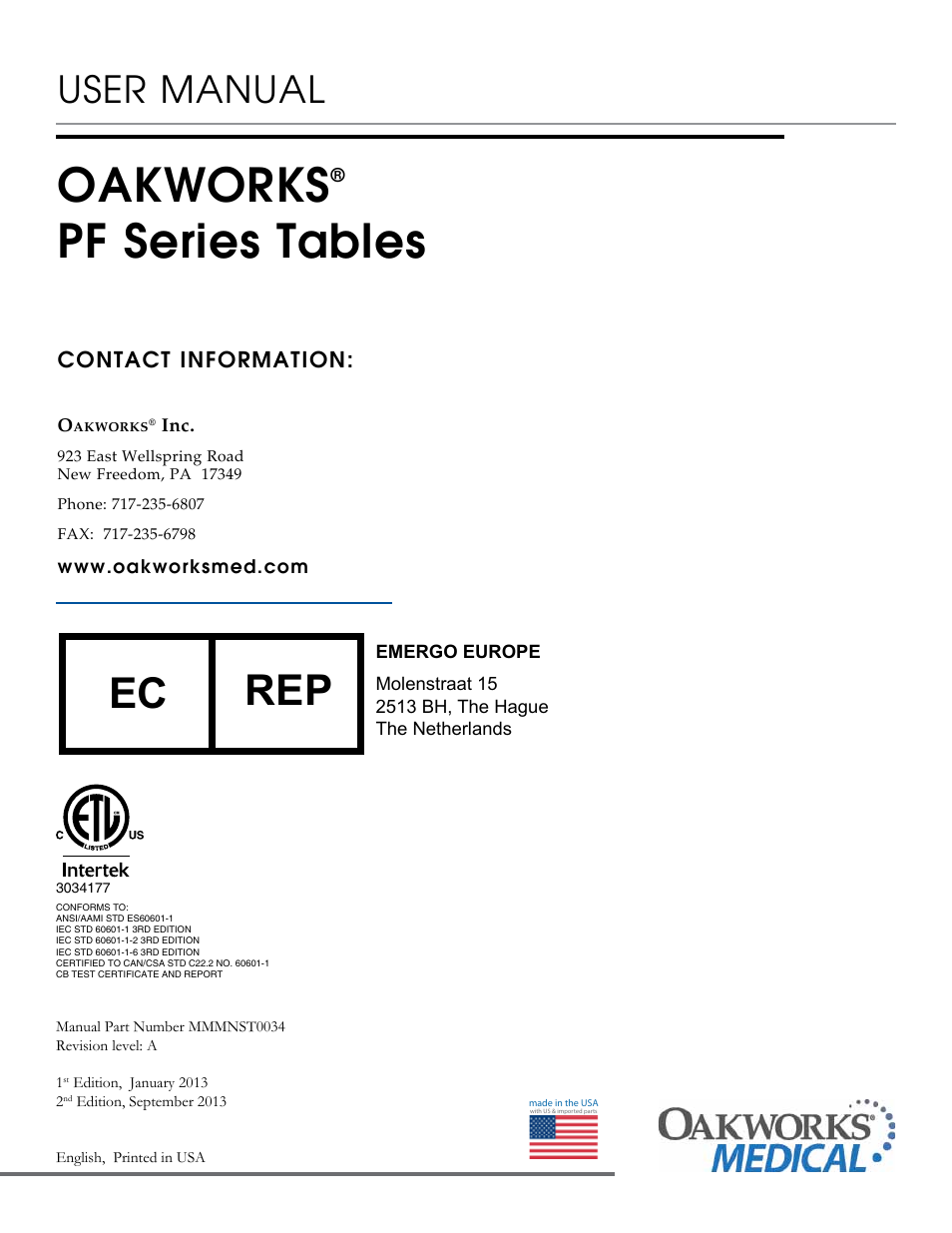 Oakworks, Pf series tables, Ec rep | User manual | Oakworks PF250 User Manual | Page 24 / 24