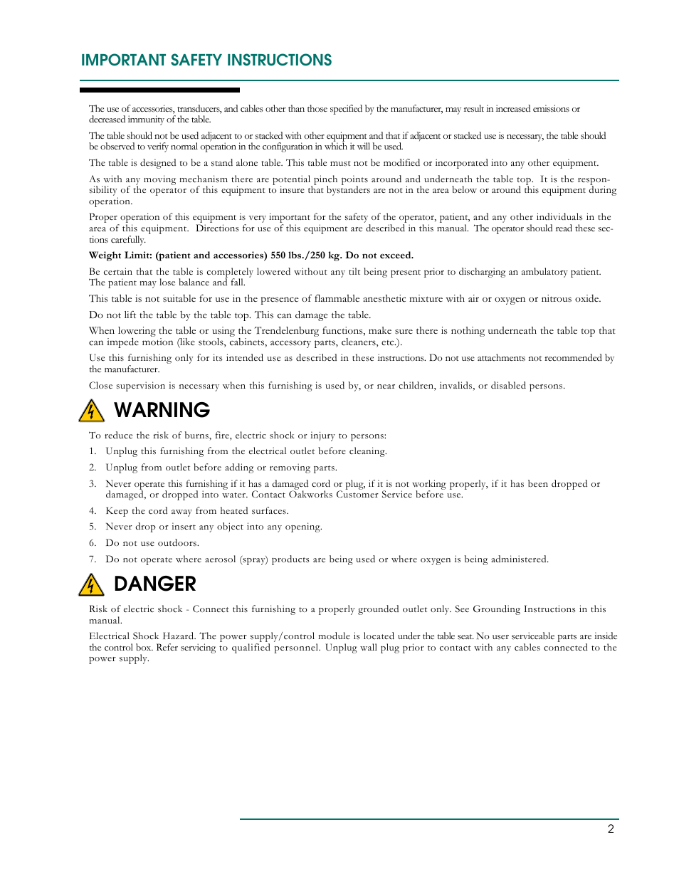 Warning, Danger, Important safety instructions | Oakworks PF250 User Manual | Page 5 / 24
