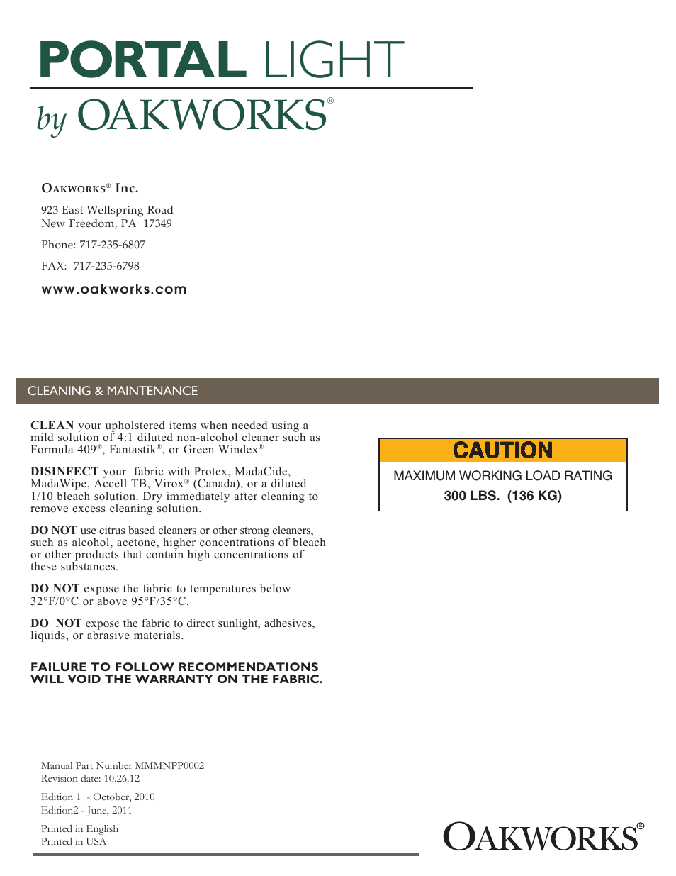 Portal light, Oakworks, Caution | Oakworks Portal Light User Manual | Page 4 / 4