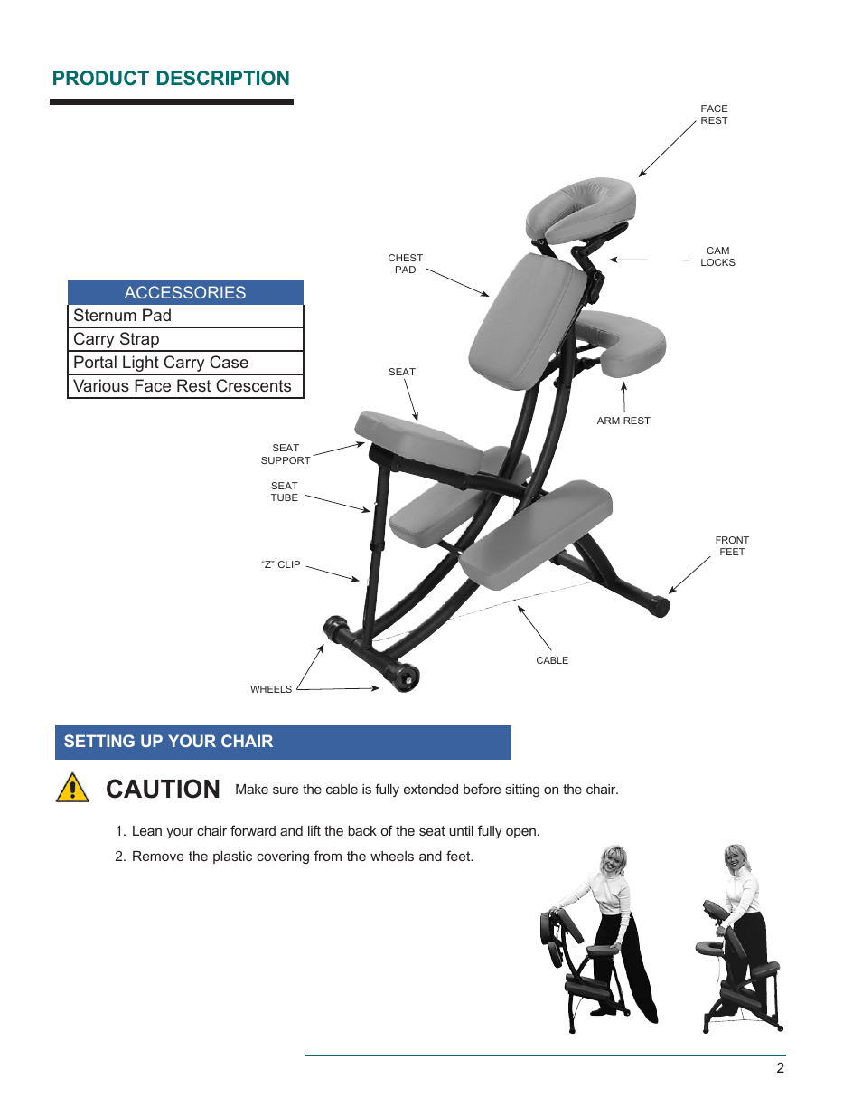 Caution, Product description, Setting up your chair | Oakworks Portal Pro 3 Rev.A User Manual | Page 3 / 8