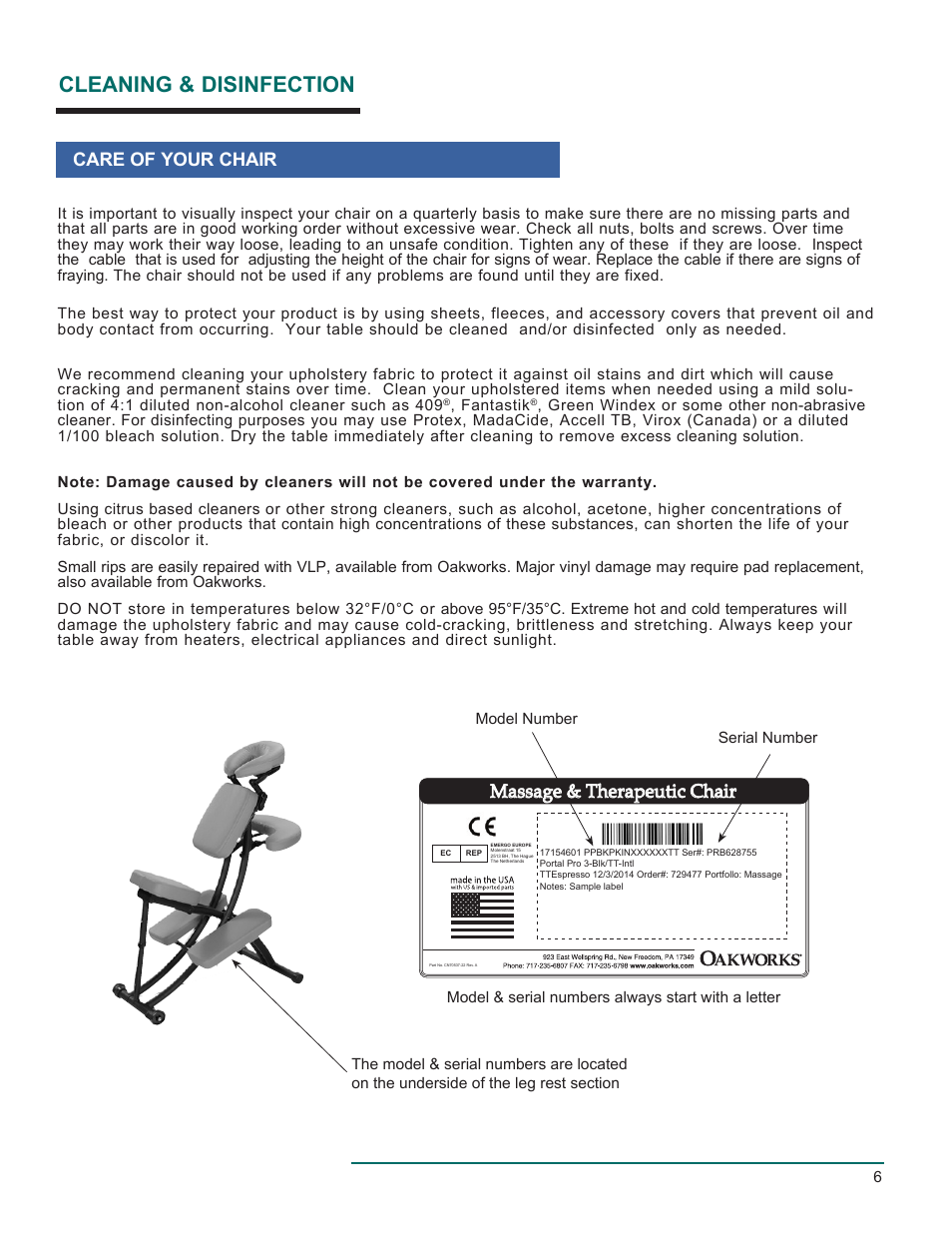Cleaning & disinfection, Massage & therapeutic chair, Care of your chair | Oakworks Portal Pro 3 Rev.A User Manual | Page 7 / 8