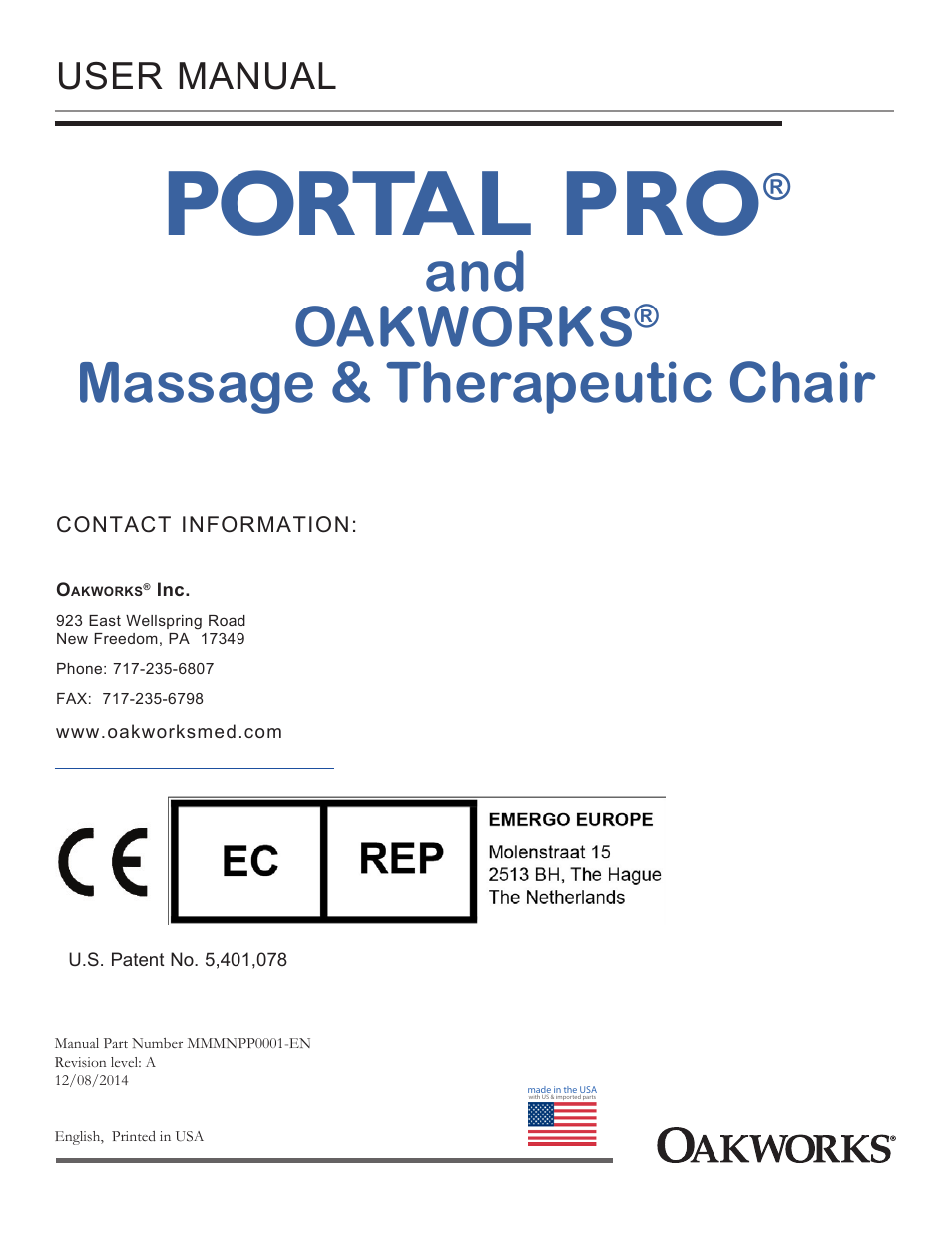 Portal pro, And oakworks, Massage & therapeutic chair | User manual | Oakworks Portal Pro 3 Rev.A User Manual | Page 8 / 8