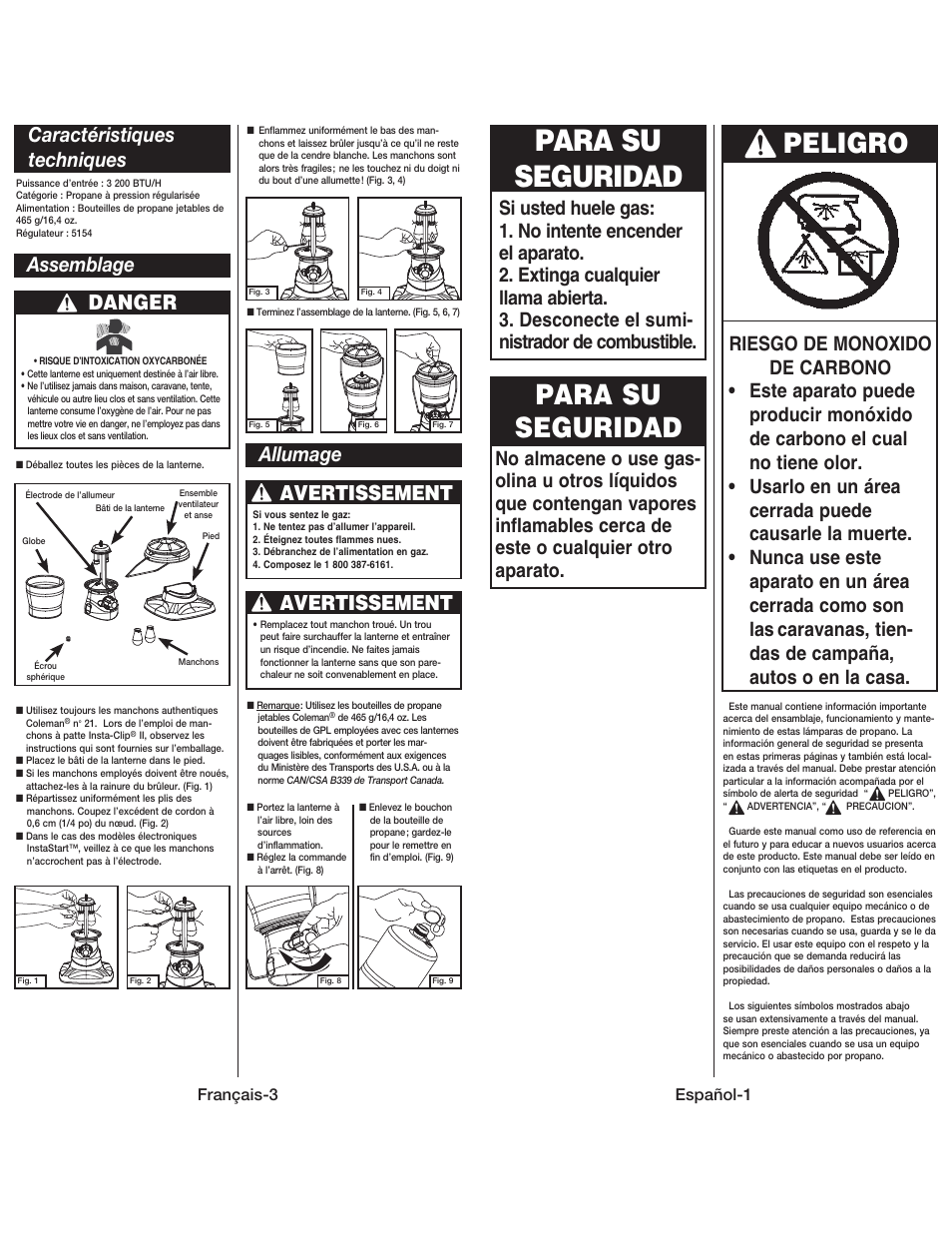 Para su seguridad, Peligro, Caractéristiques techniques | Danger, Assemblage, Allumage, Avertissement | Coleman 5178 User Manual | Page 10 / 12