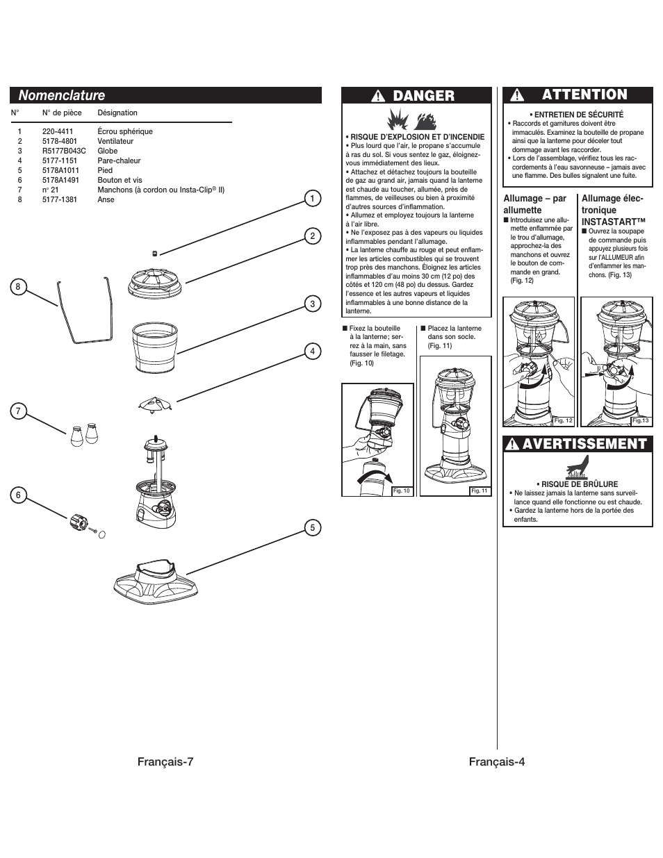Nomenclature, Danger, Attention | Avertissement, Français-7, Français-4 | Coleman 5178 User Manual | Page 11 / 12