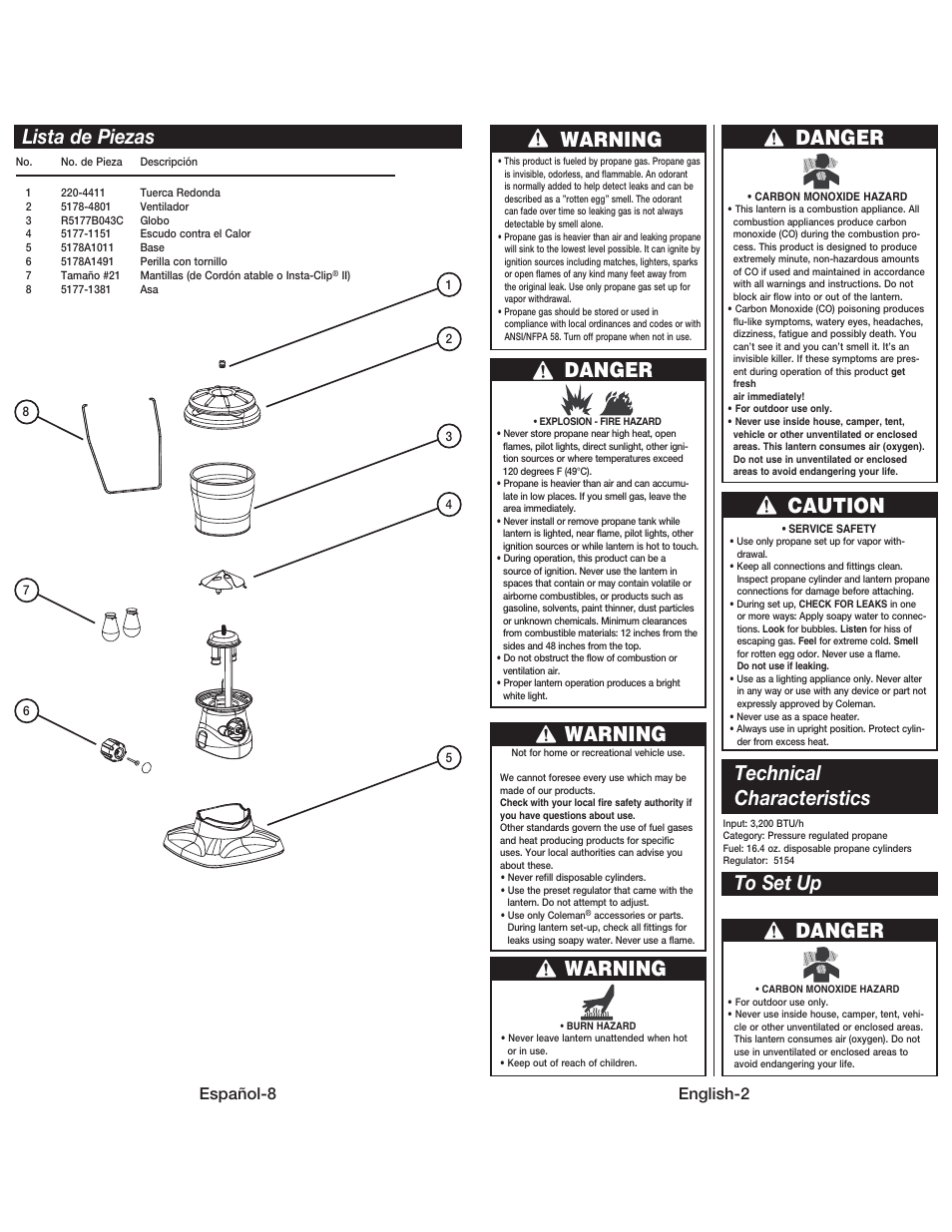 Lista de piezas, Warning danger, Warning | Danger, Caution, Español-8, English-2 | Coleman 5178 User Manual | Page 3 / 12