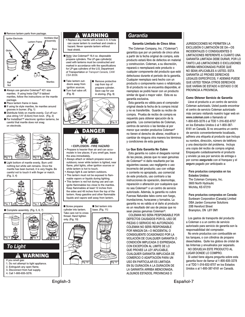 Warning, Danger, Garantia | English-3, Español-7 | Coleman 5178 User Manual | Page 4 / 12