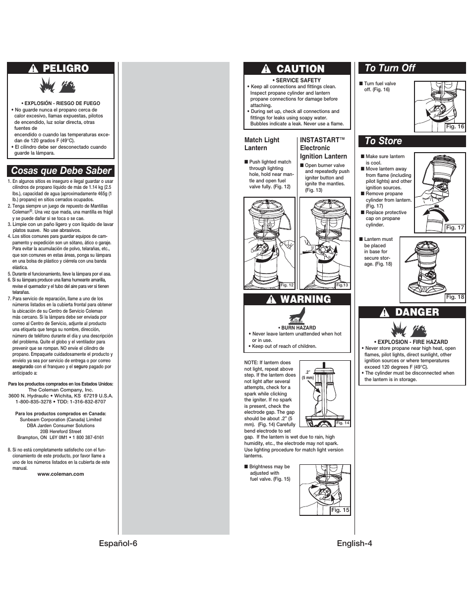 Peligro, Cosas que debe saber, Caution | Warning, Danger, Español-6, English-4 | Coleman 5178 User Manual | Page 5 / 12