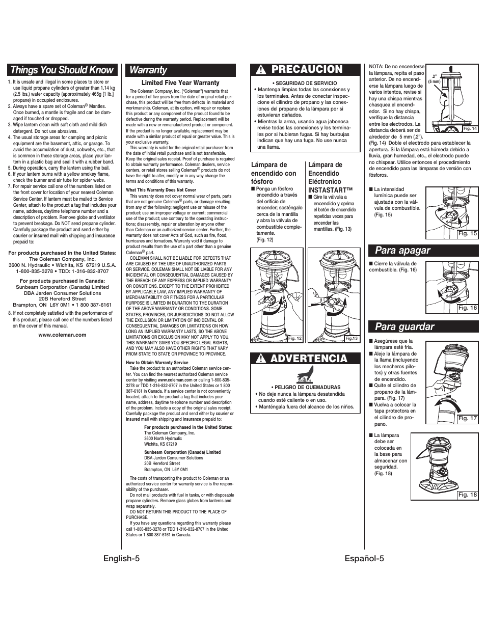 Things you should know warranty, Precaucion, Advertencia | Para apagar para guardar, English-5, Español-5 | Coleman 5178 User Manual | Page 6 / 12