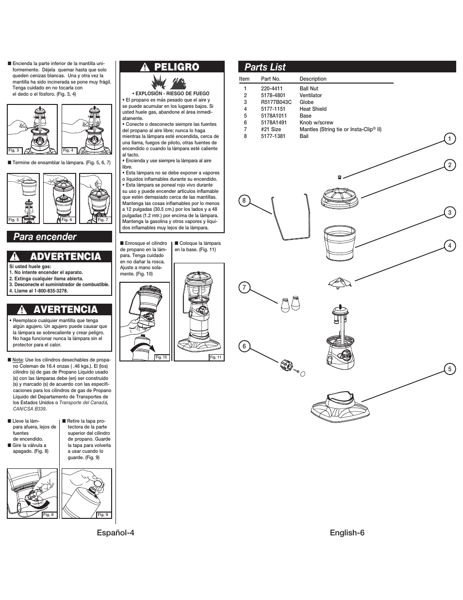 Para encender advertencia, Avertencia, Peligro | Parts list, Español-4, English-6 | Coleman 5178 User Manual | Page 7 / 12