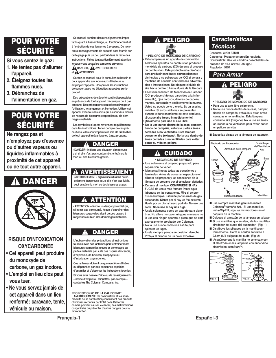 Pour votre sécurité, Danger, Avertissement | Attention, Peligro, Cuidado, Características técnicas para armar | Coleman 5178 User Manual | Page 8 / 12