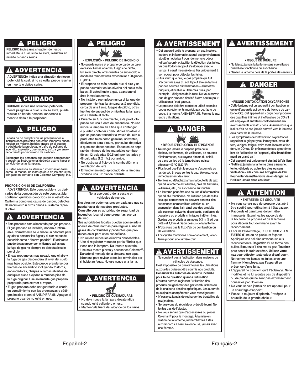 Peligro, Advertencia, Cuidado | Advertencia avertencia, Avertissement danger, Avertissement, Danger, Attention, Español-2, Français-2 | Coleman 5178 User Manual | Page 9 / 12