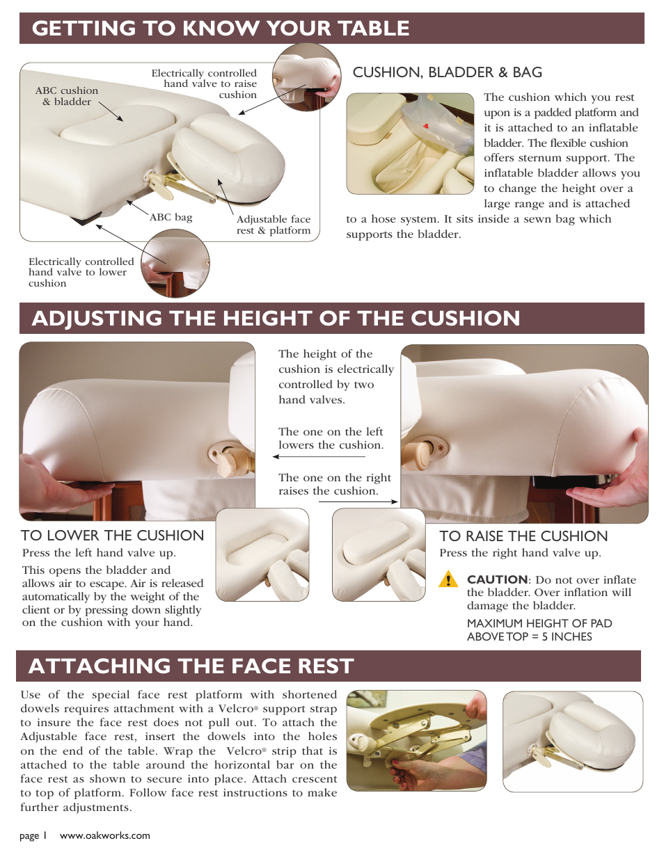 Getting to know your table, Adjusting the height of the cushion, Attaching the face rest | Cushion, bladder & bag | Oakworks Powered ABC User Manual | Page 2 / 4