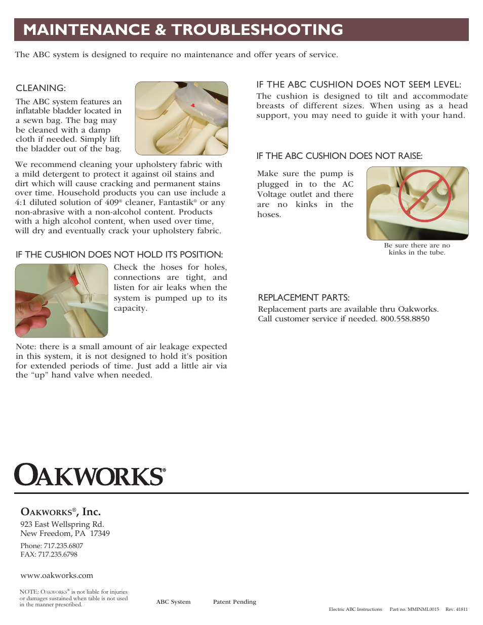 Maintenance & troubleshooting | Oakworks Powered ABC User Manual | Page 4 / 4