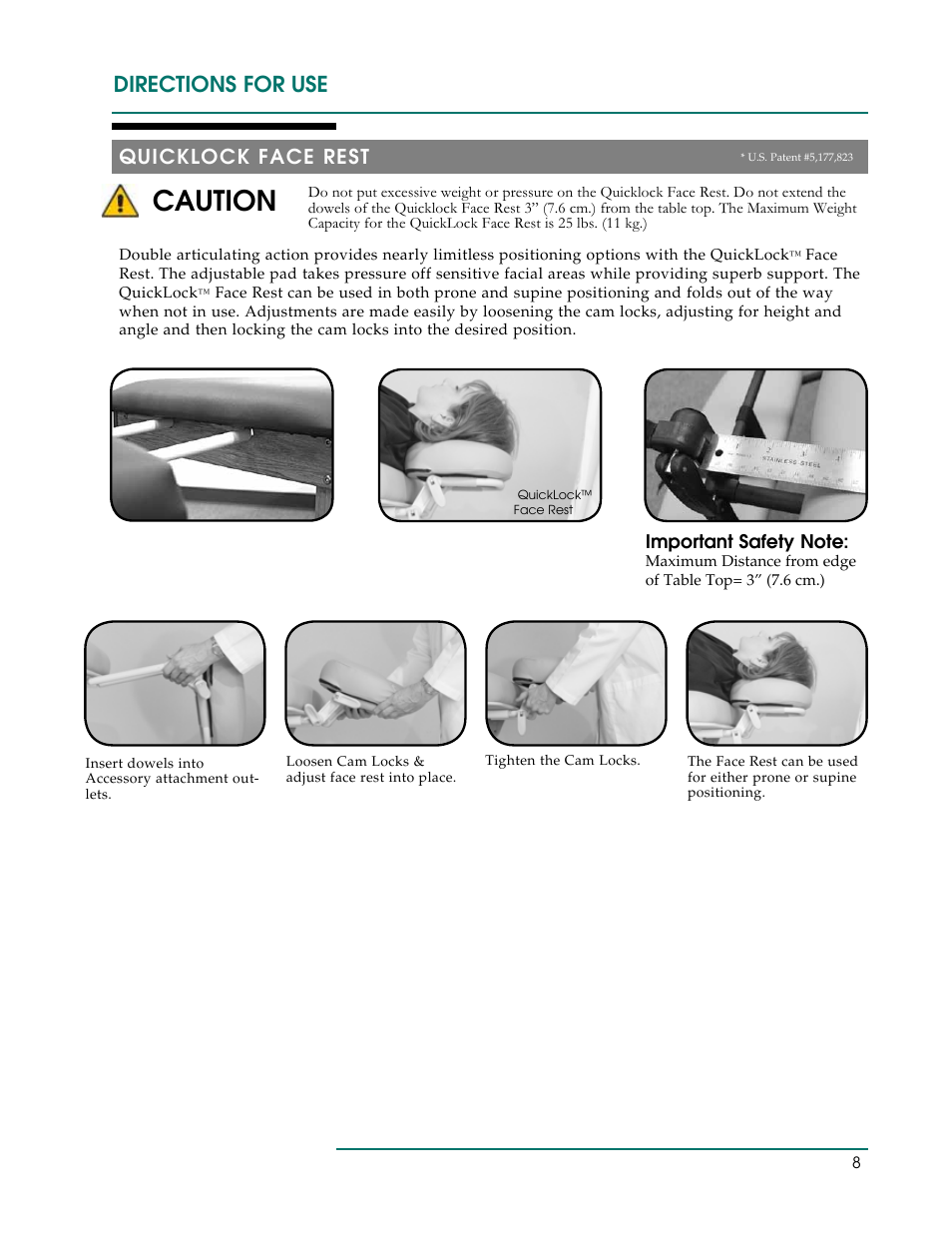 Caution, Directions for use, Quicklock face rest | Oakworks Powerline /Seychelle Treatment Table User Manual | Page 11 / 16