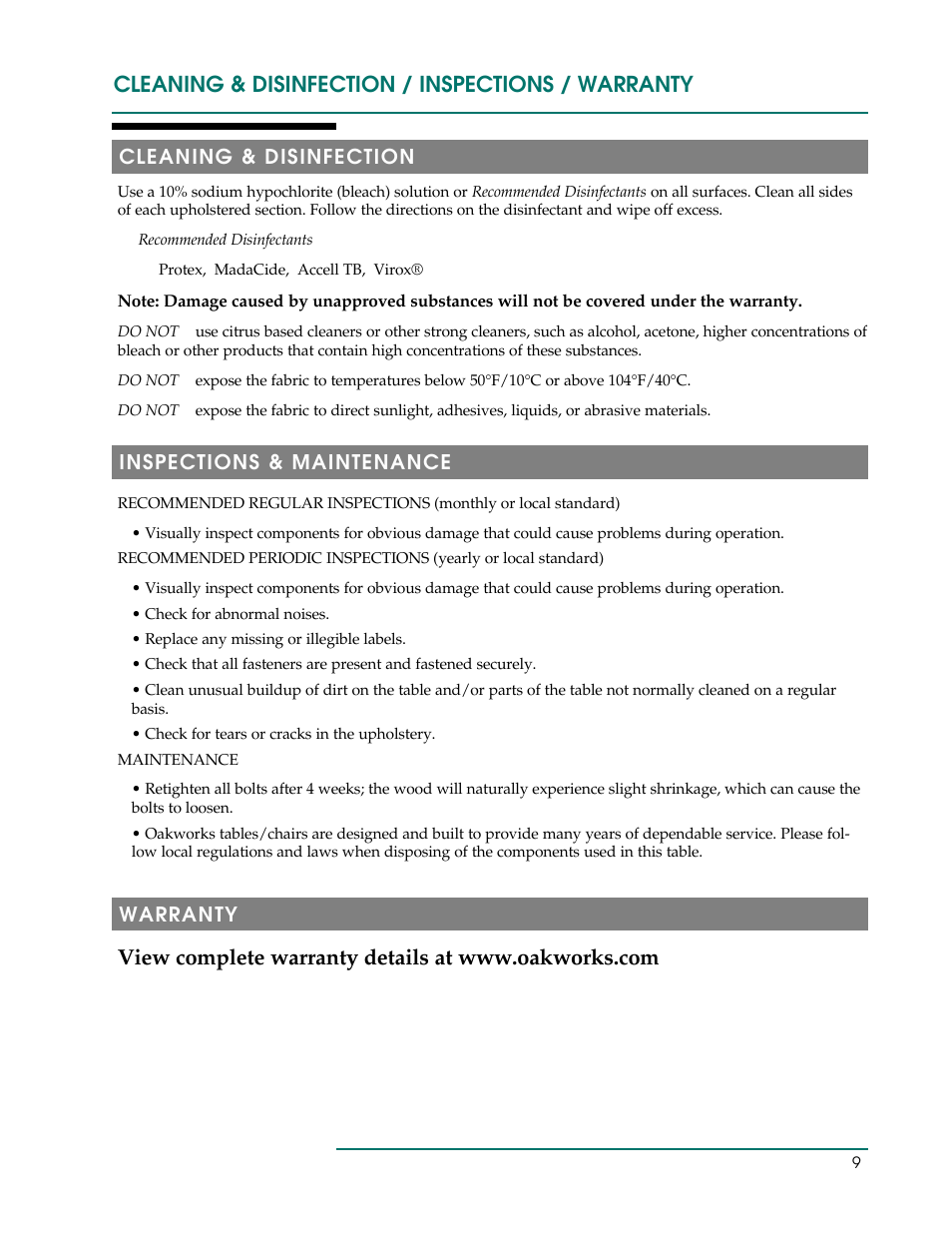 Cleaning & disinfection / inspections / warranty, Cleaning & disinfection, Inspections & maintenance | Warranty | Oakworks Powerline /Seychelle Treatment Table User Manual | Page 12 / 16