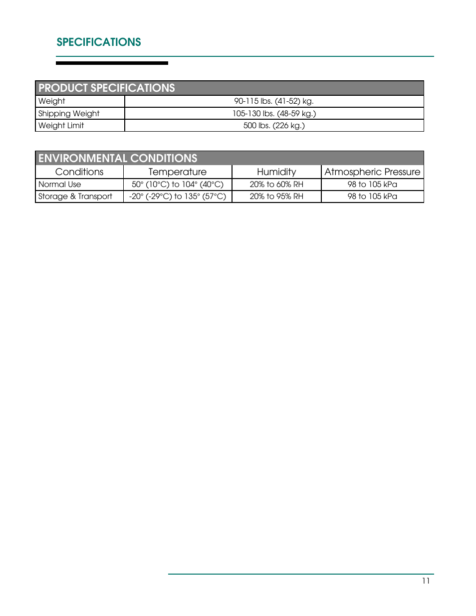 Specifications product specifications, Environmental conditions | Oakworks Powerline /Seychelle Treatment Table User Manual | Page 14 / 16