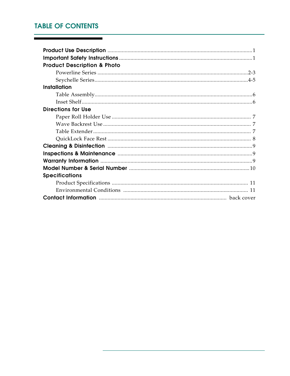 Oakworks Powerline /Seychelle Treatment Table User Manual | Page 3 / 16