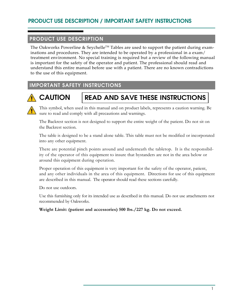 Caution, Read and save these instructions | Oakworks Powerline /Seychelle Treatment Table User Manual | Page 4 / 16