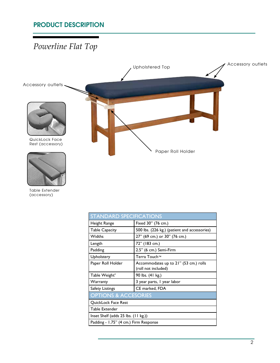 Powerline flat top, Product description, Standard specifications | Options & accesories | Oakworks Powerline /Seychelle Treatment Table User Manual | Page 5 / 16