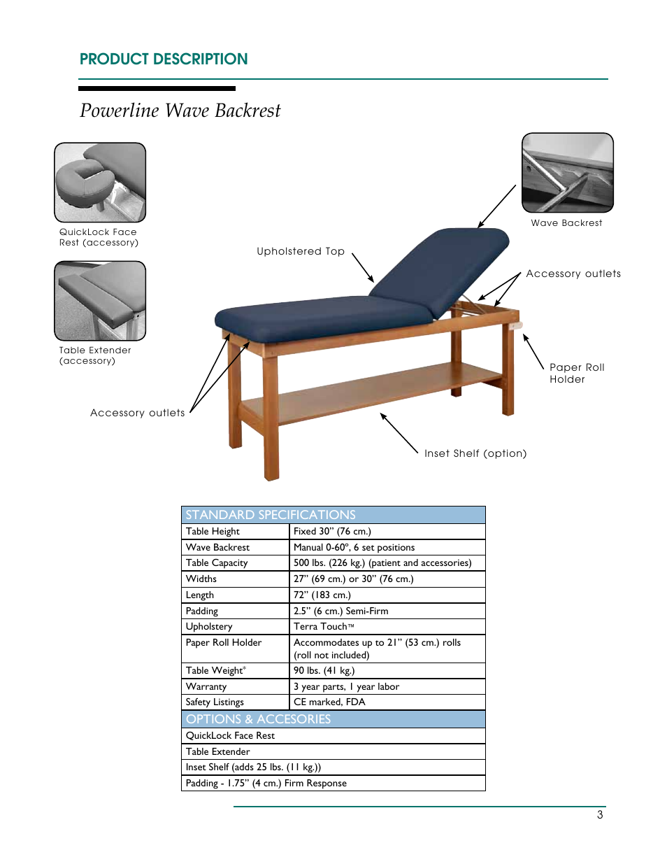 Powerline wave backrest, Product description, Standard specifications | Options & accesories | Oakworks Powerline /Seychelle Treatment Table User Manual | Page 6 / 16