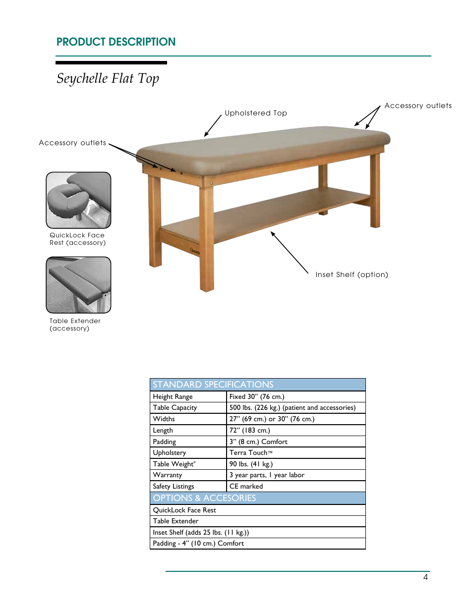 Seychelle flat top, Product description, Standard specifications | Options & accesories | Oakworks Powerline /Seychelle Treatment Table User Manual | Page 7 / 16