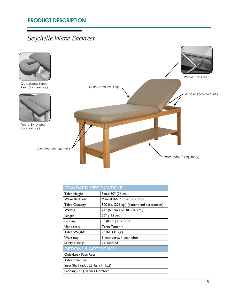 Seychelle wave backrest, Product description, Standard specifications | Options & accesories | Oakworks Powerline /Seychelle Treatment Table User Manual | Page 8 / 16