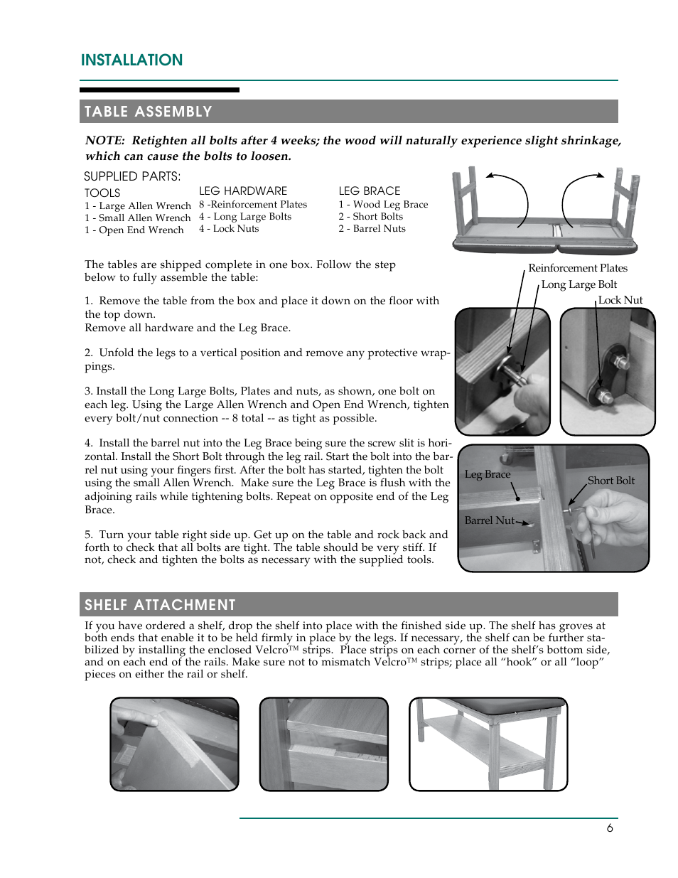 Installation, Table assembly, Shelf attachment | Oakworks Powerline /Seychelle Treatment Table User Manual | Page 9 / 16