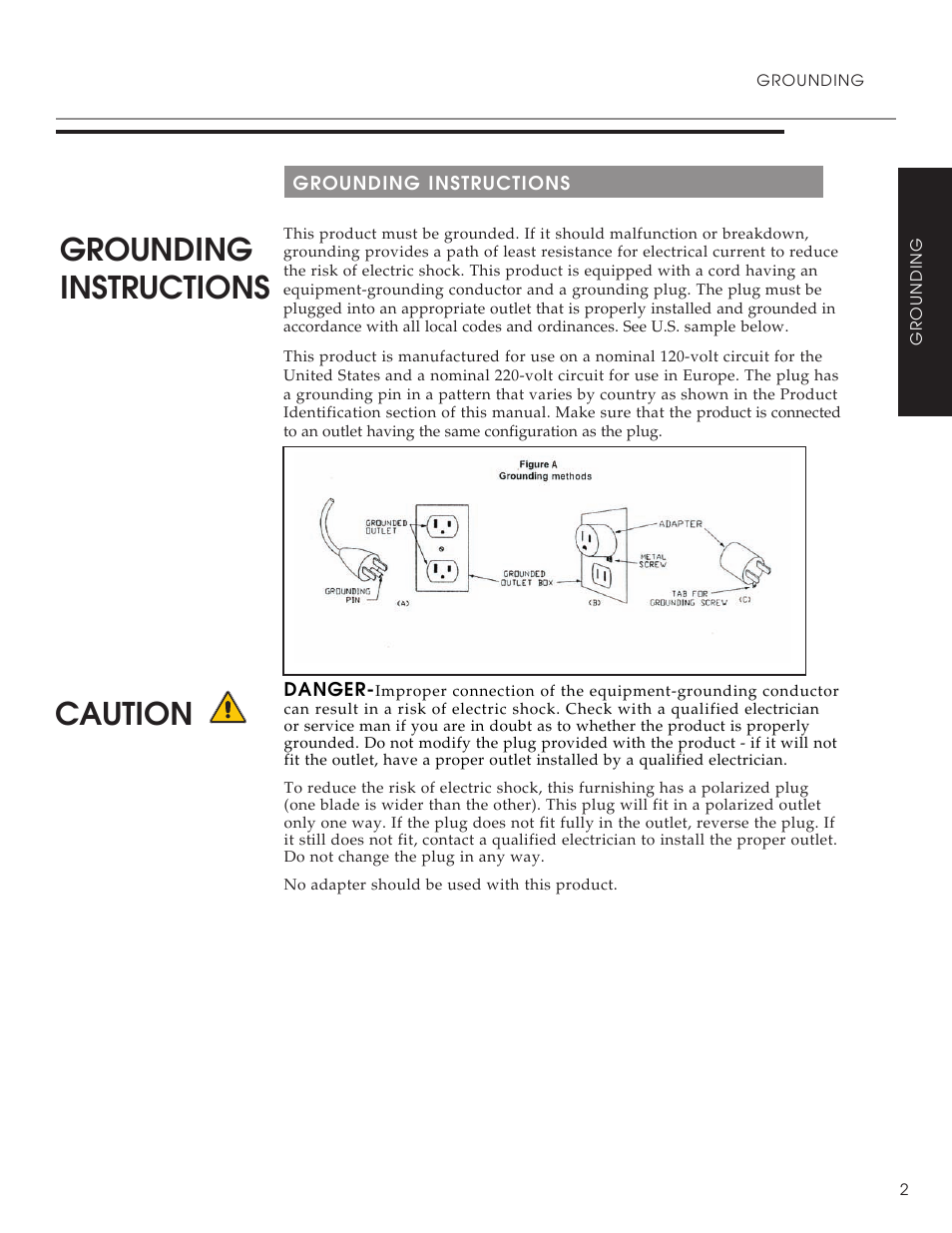 Grounding instructions, Caution | Oakworks ProLuxe Convertible User Manual | Page 5 / 20
