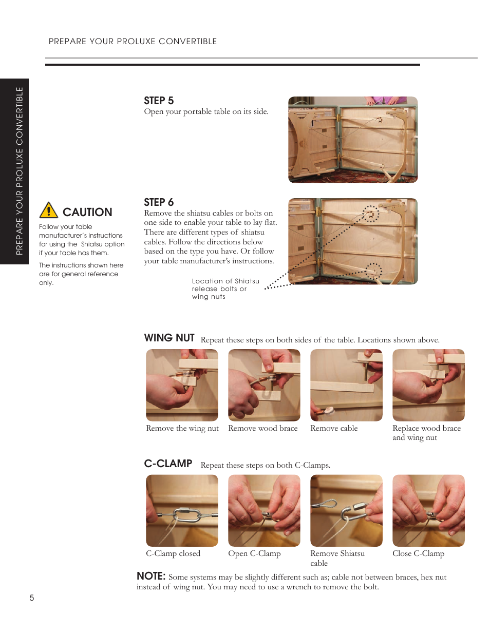 Caution, Step 5, Step 6 | Wing nut, C-clamp | Oakworks ProLuxe Convertible User Manual | Page 8 / 20