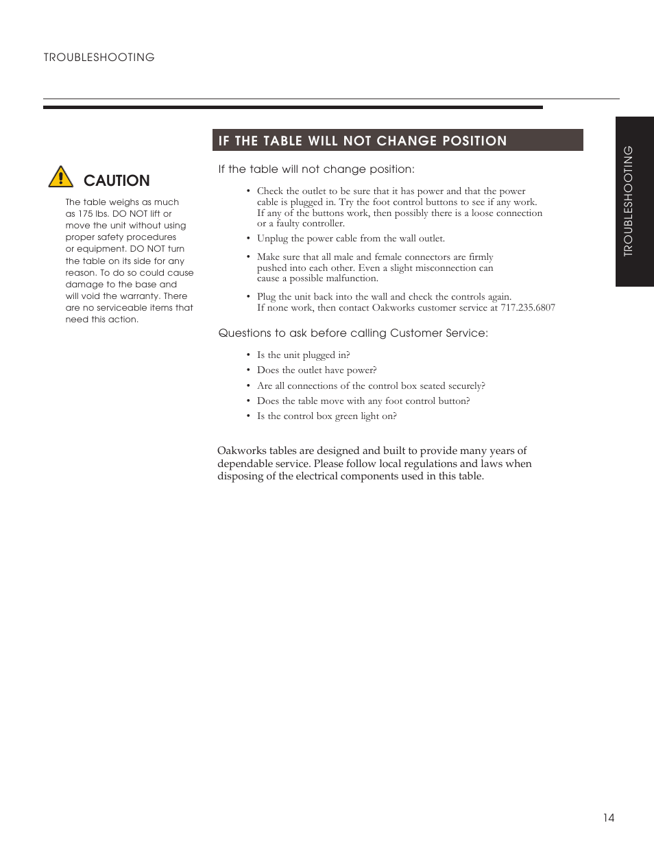 Caution | Oakworks ProLuxe Series User Manual | Page 17 / 28