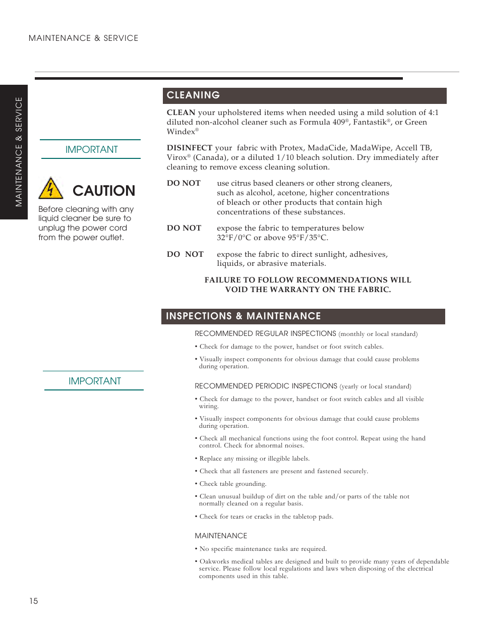 Caution, Important inspections & maintenance, Important cleaning | Oakworks ProLuxe Series User Manual | Page 18 / 28