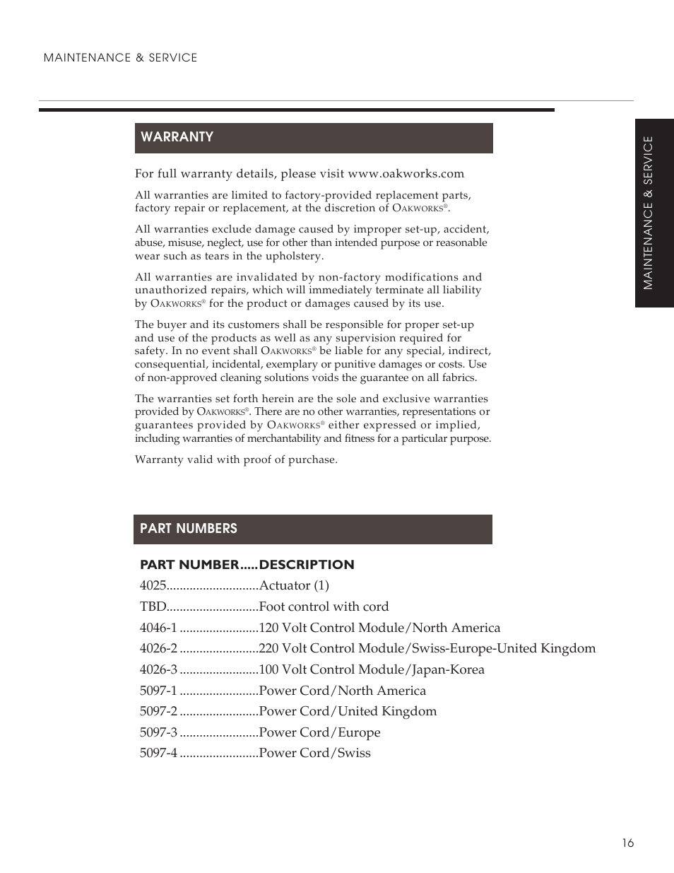 Warranty | Oakworks ProLuxe Series User Manual | Page 19 / 28