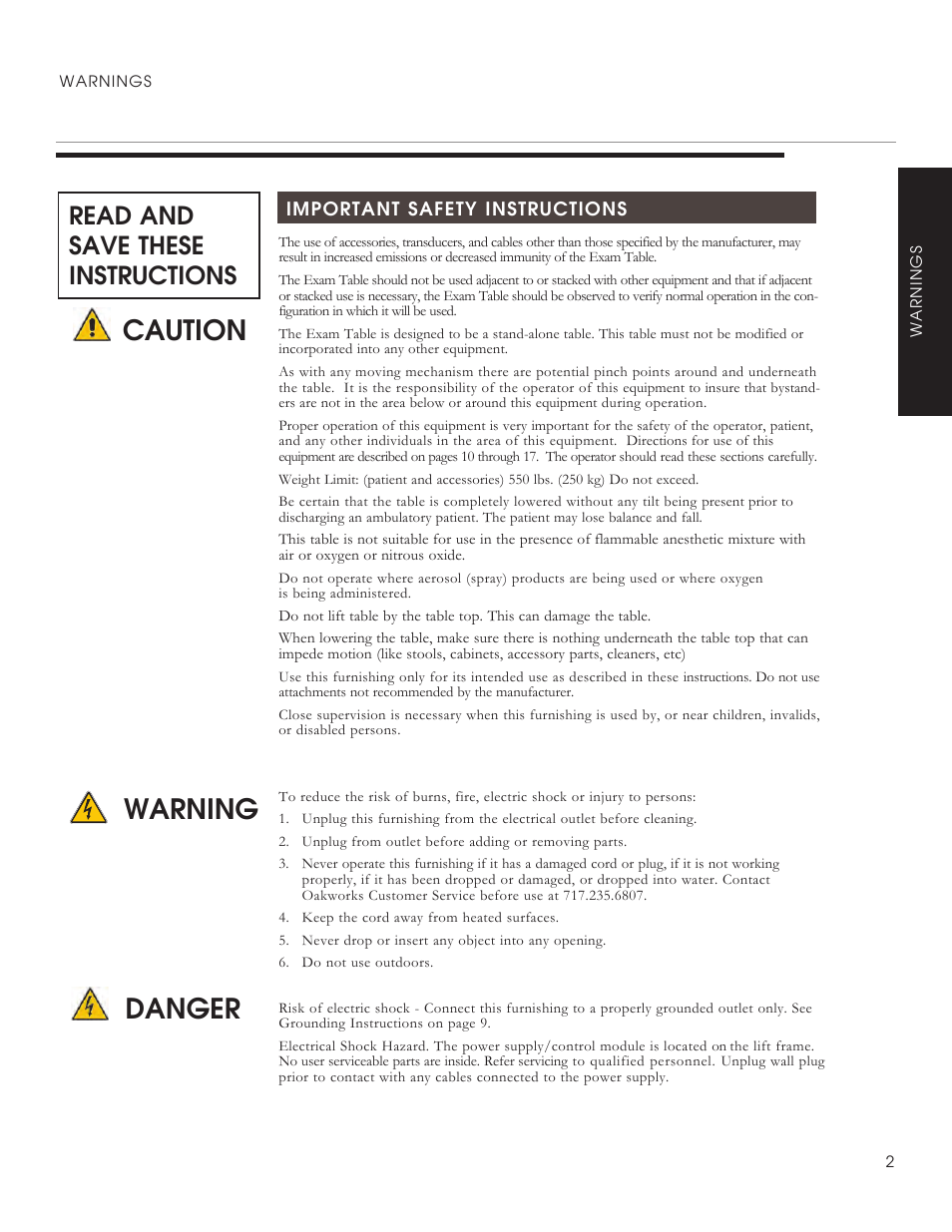 Caution, Warning danger, Read and save these instructions | Oakworks ProLuxe Series User Manual | Page 5 / 28